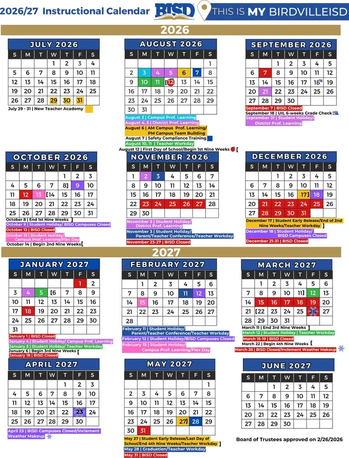 Birdville ISD 2026–2027 academic calendar