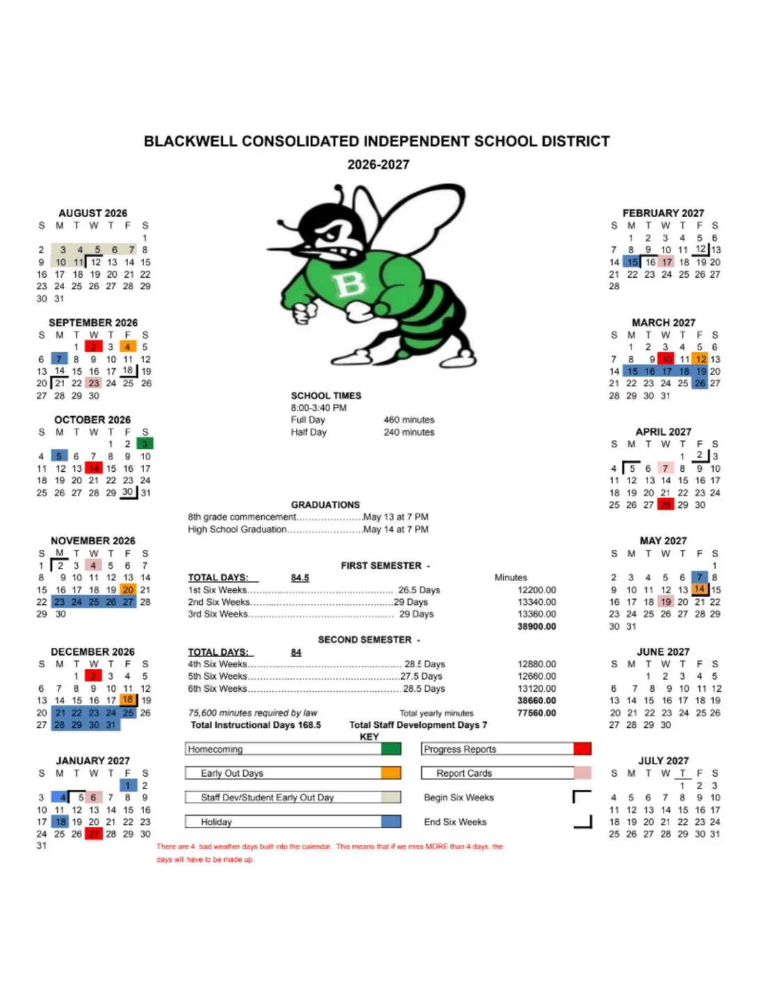 Blackwell CISD 2026–2027 academic calendar