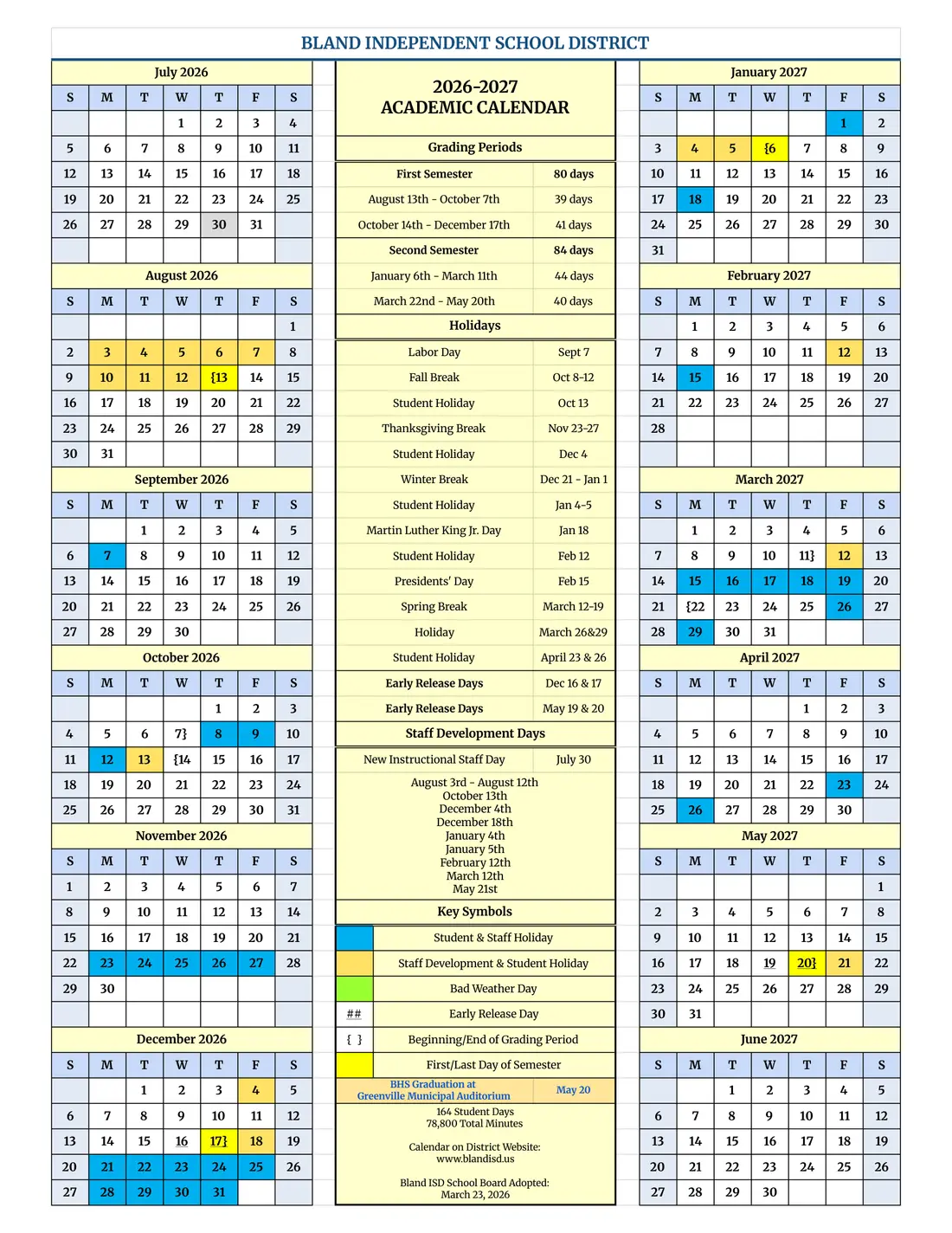 Bland ISD 2026–2027 academic calendar
