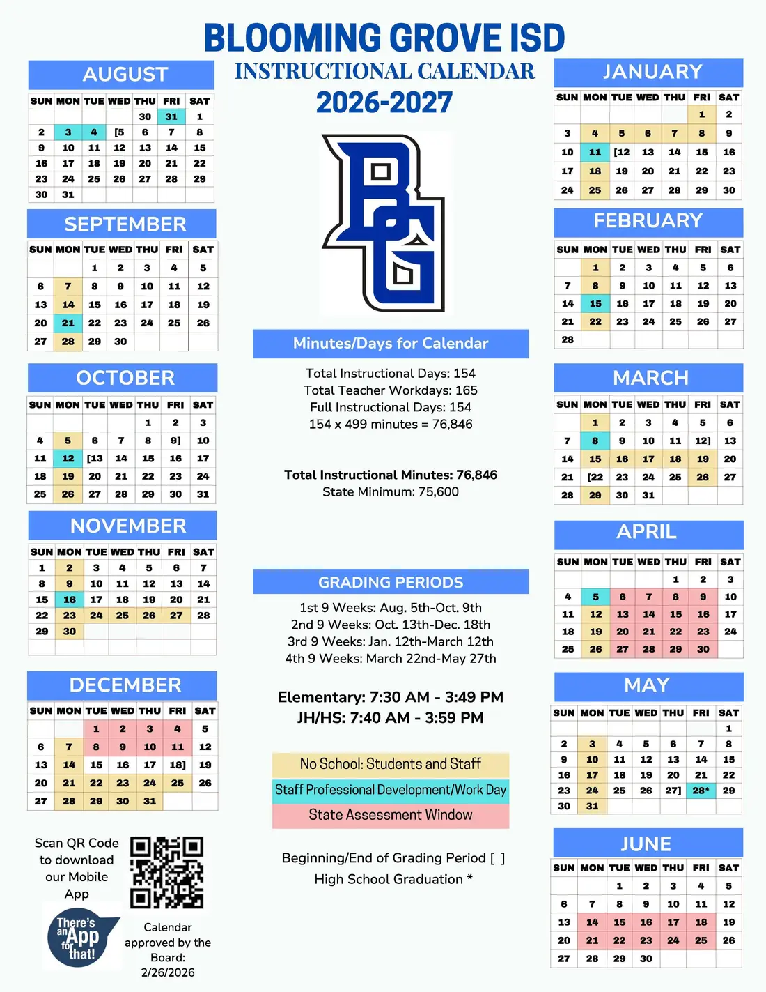 Blooming Grove ISD 2026–2027 academic calendar