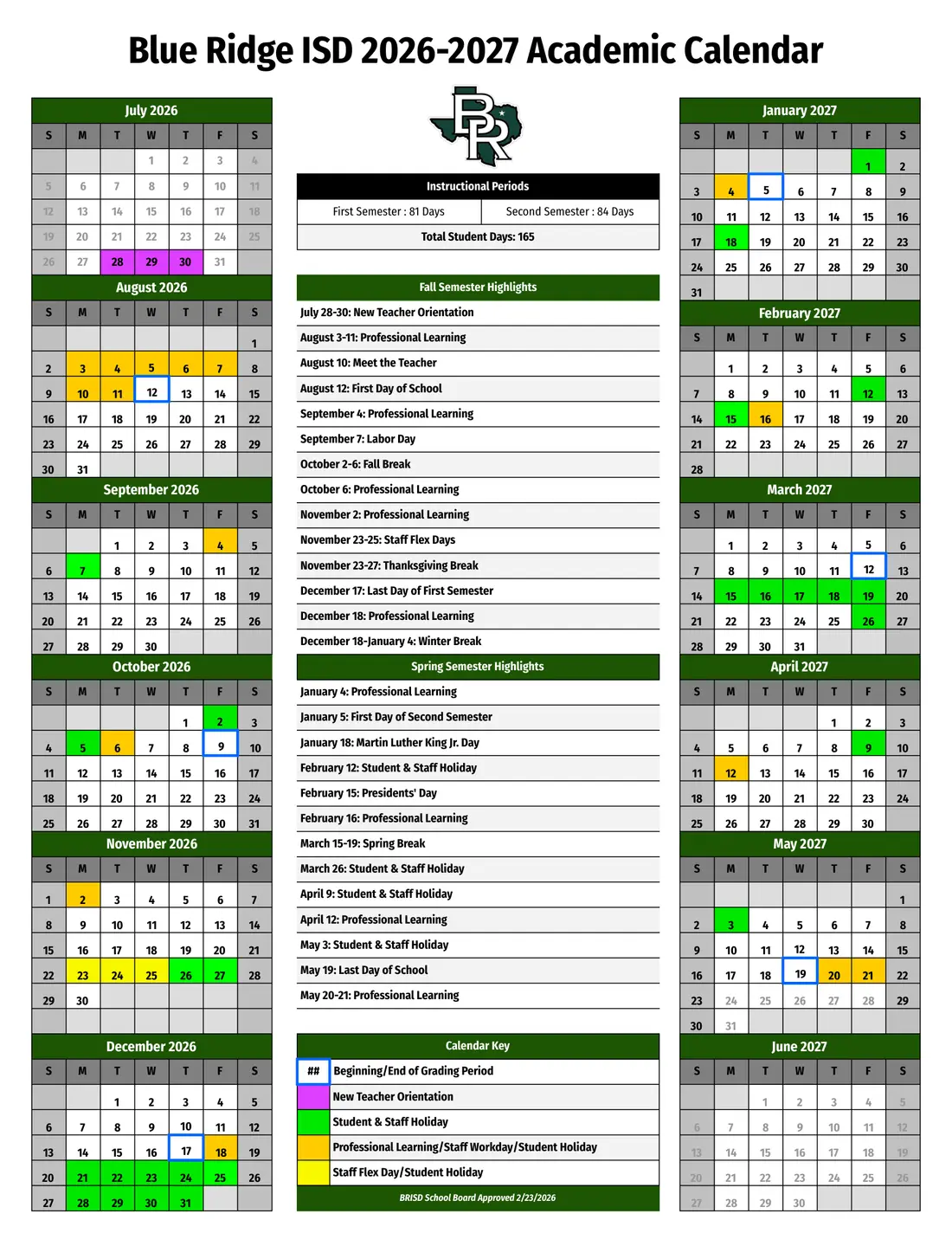 Blue Ridge ISD 2026–2027 academic calendar