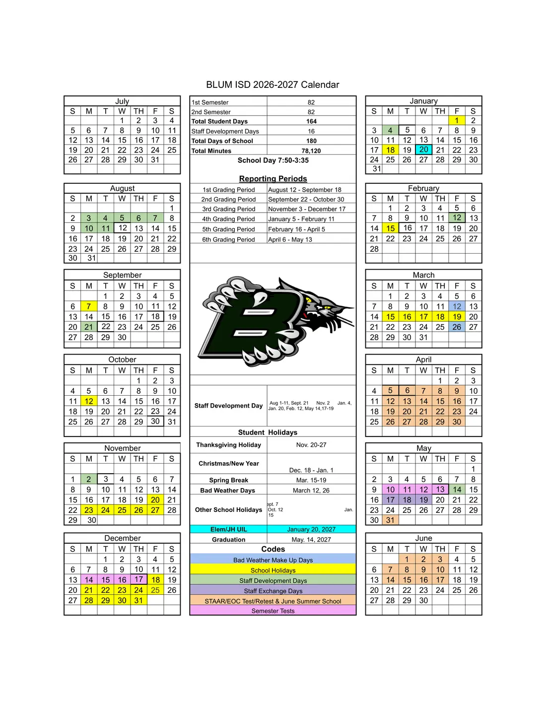 Blum ISD 2026–2027 academic calendar
