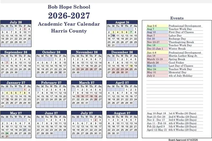 Bob Hope School 2026–2027 academic calendar