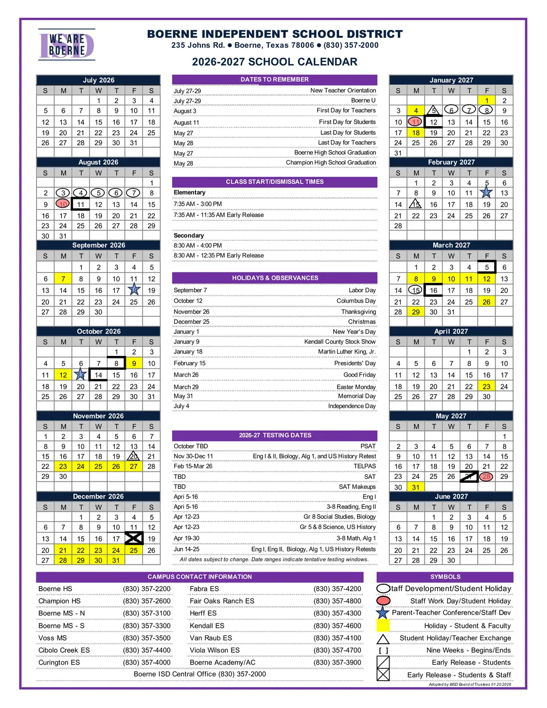 Boerne ISD 2026–2027 academic calendar
