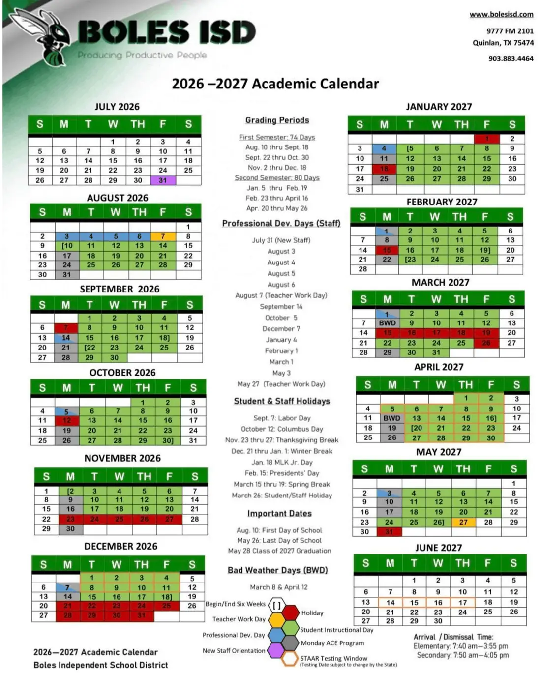 Boles ISD 2026–2027 academic calendar