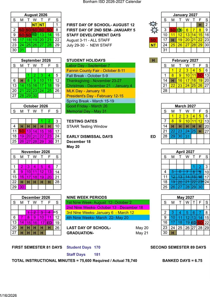 Bonham ISD 2026–2027 academic calendar