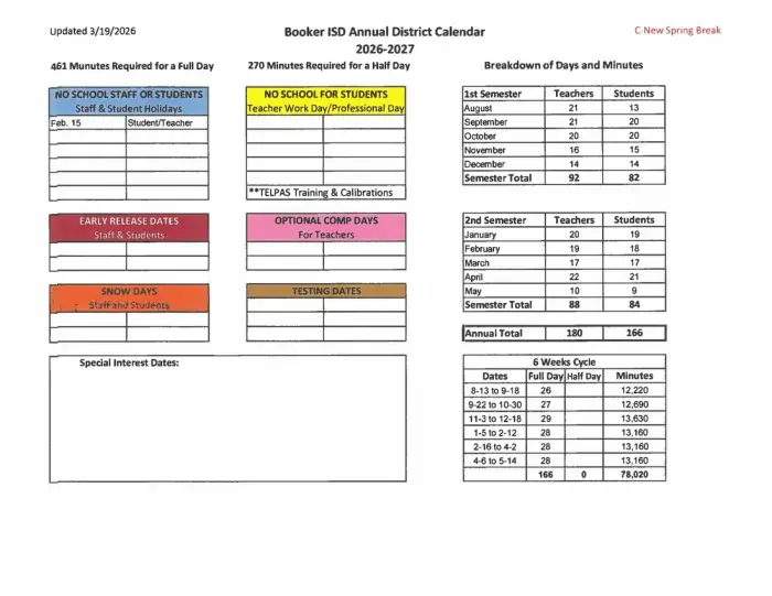 Booker ISD 2026–2027 academic calendar