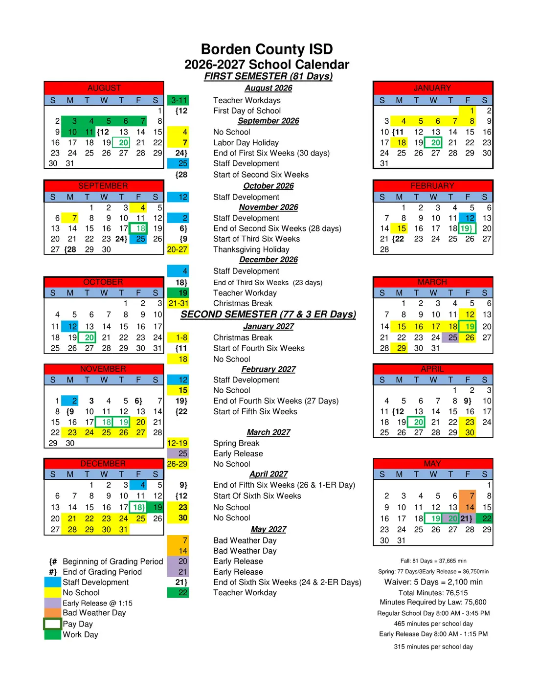Borden County ISD 2026–2027 academic calendar