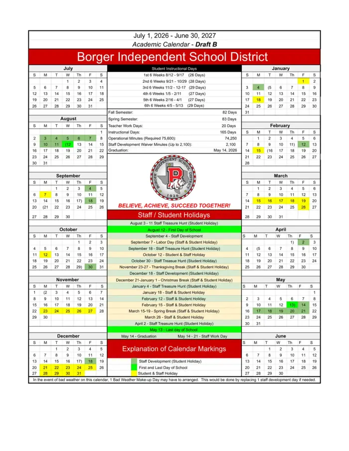 Borger ISD 2026–2027 academic calendar