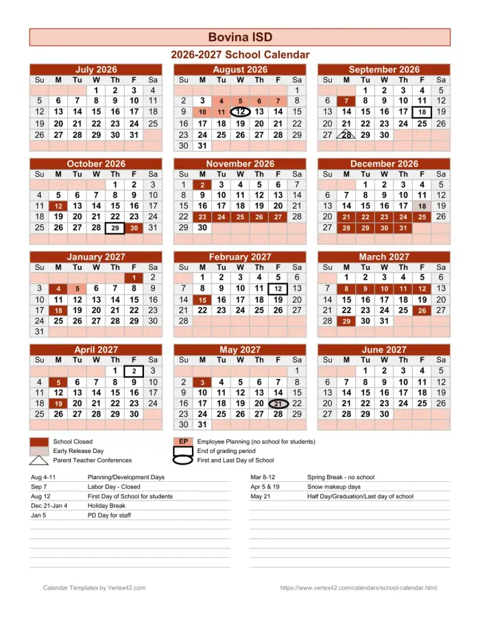 Bovina ISD 2026–2027 academic calendar