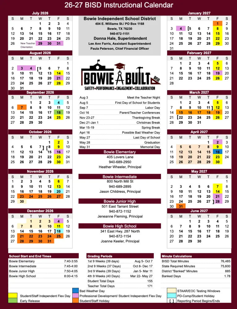 Bowie ISD 2026–2027 academic calendar