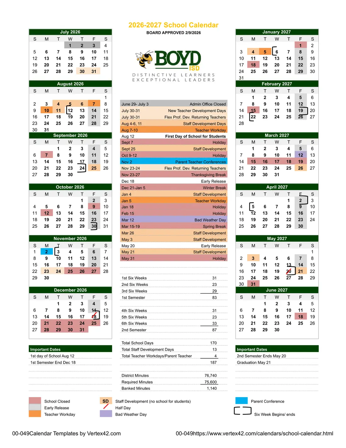 Boyd ISD 2026–2027 academic calendar
