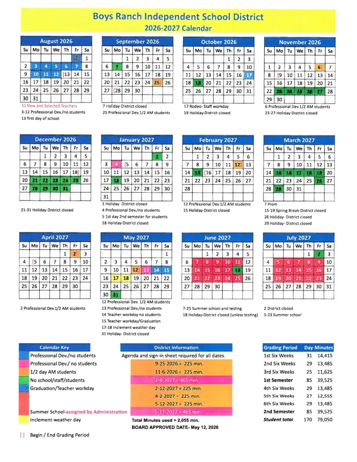 Boys Ranch ISD 2026–2027 academic calendar