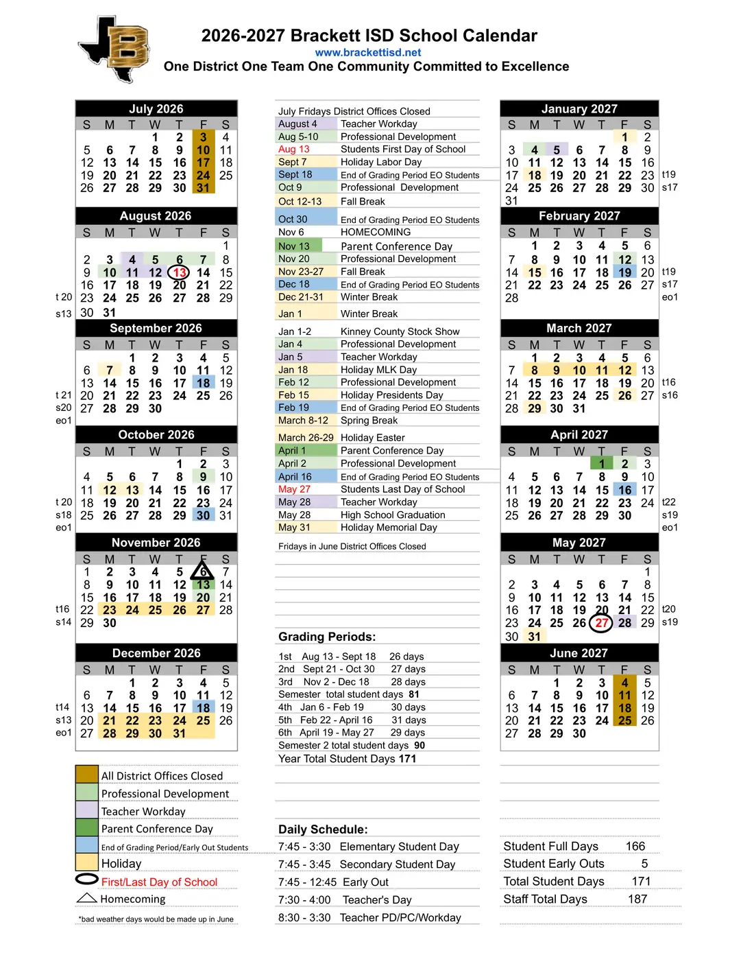 Brackett ISD 2026–2027 academic calendar