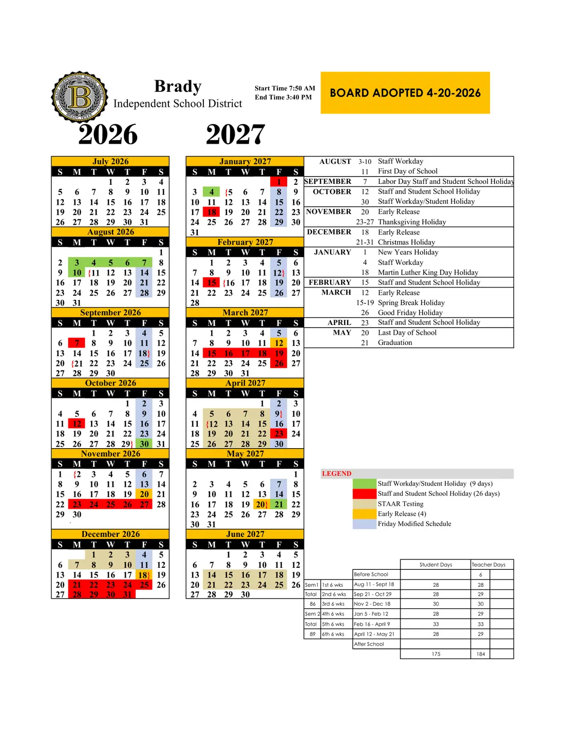 Brady ISD 2026–2027 academic calendar