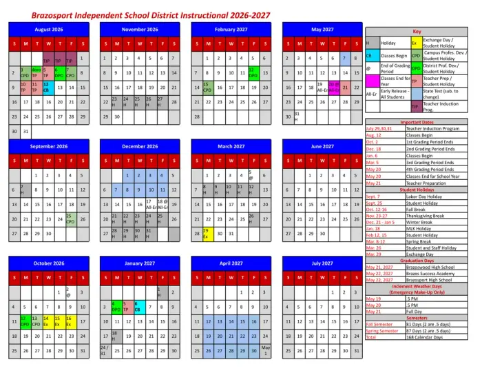 Brazosport ISD 2026–2027 academic calendar