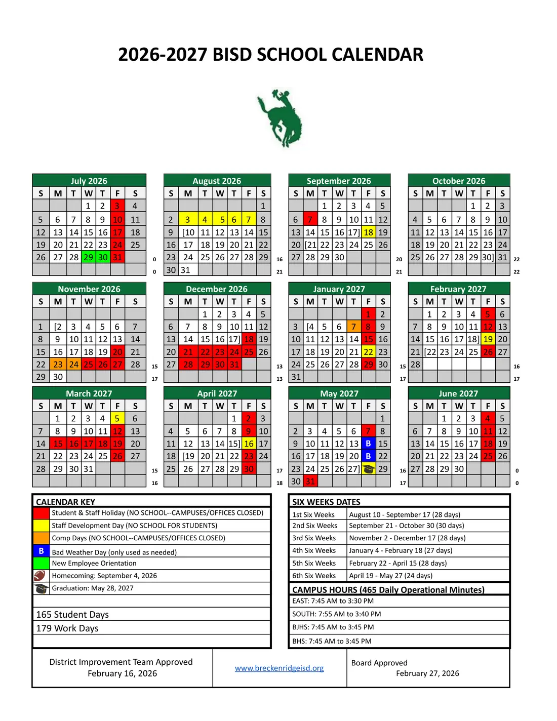Breckenridge ISD 2026–2027 academic calendar