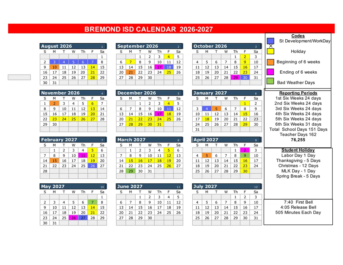Bremond ISD 2026–2027 academic calendar