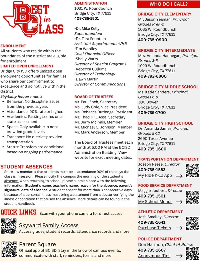 Bridge City ISD 2026–2027 academic calendar