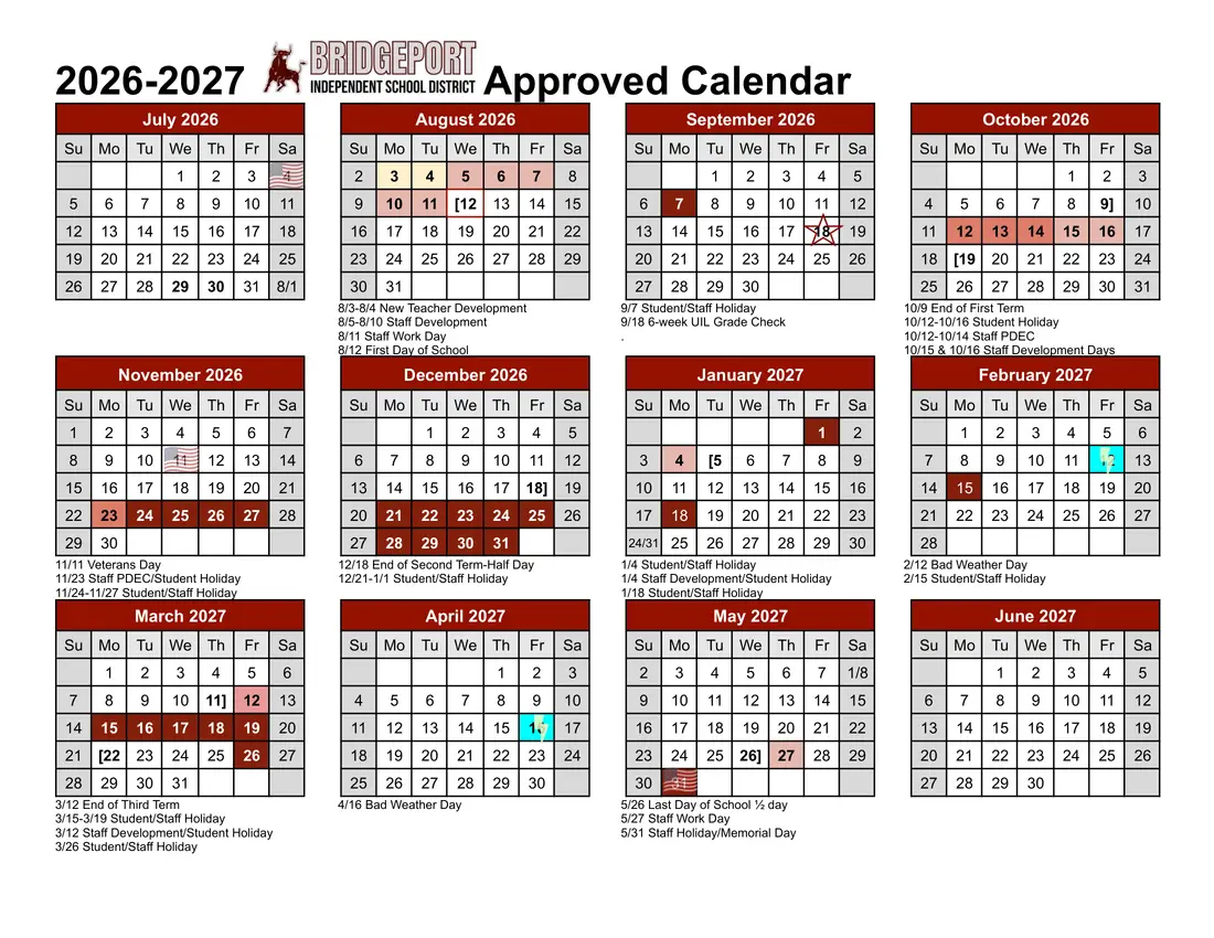 Bridgeport ISD 2026–2027 academic calendar