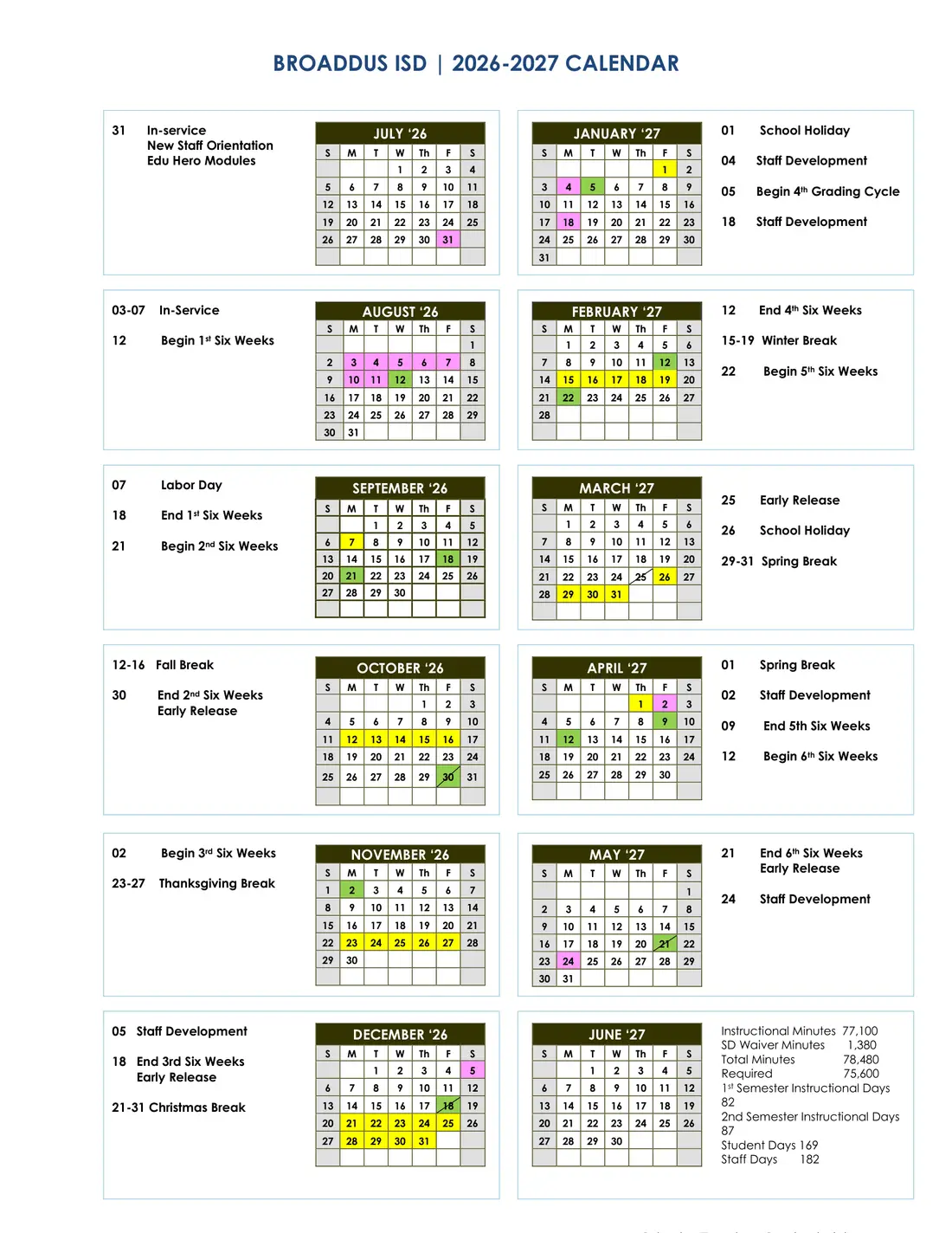 Broaddus ISD 2026–2027 academic calendar