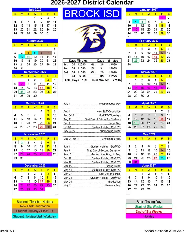 Brock ISD 2026–2027 academic calendar