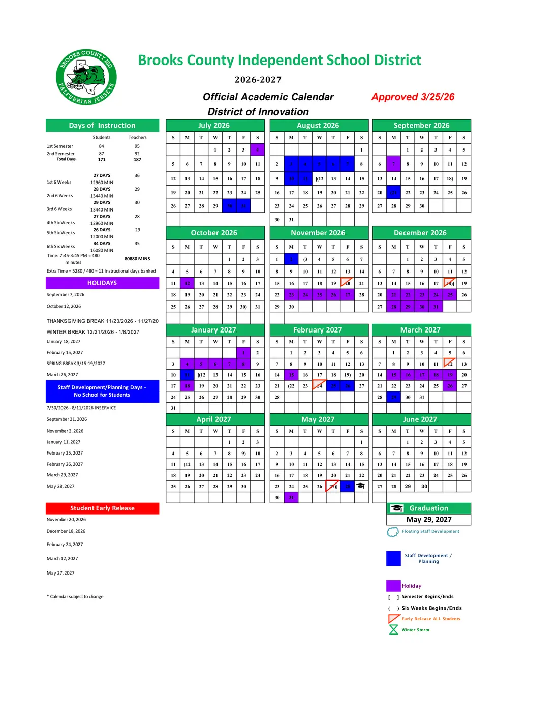 Brooks County ISD 2026–2027 academic calendar