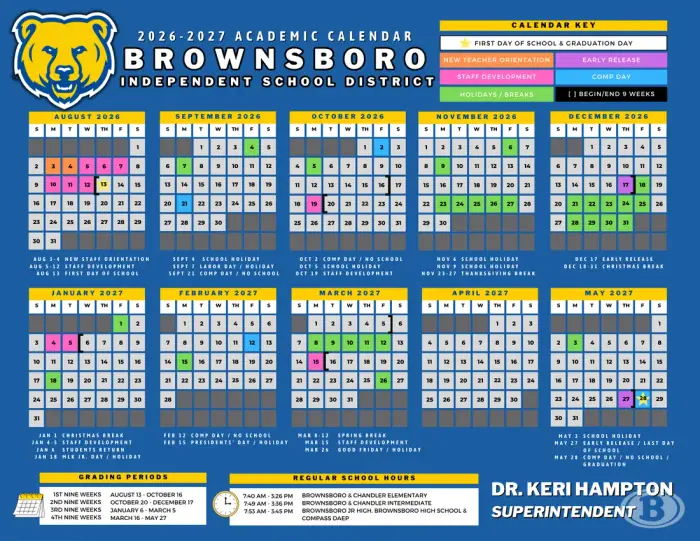 Brownsboro ISD 2026–2027 academic calendar