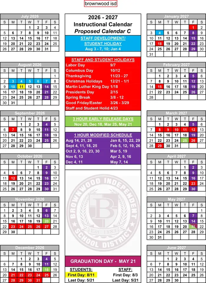 Brownwood ISD 2026–2027 academic calendar