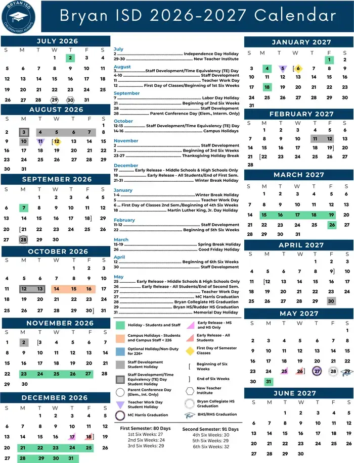 Bryan ISD 2026–2027 academic calendar