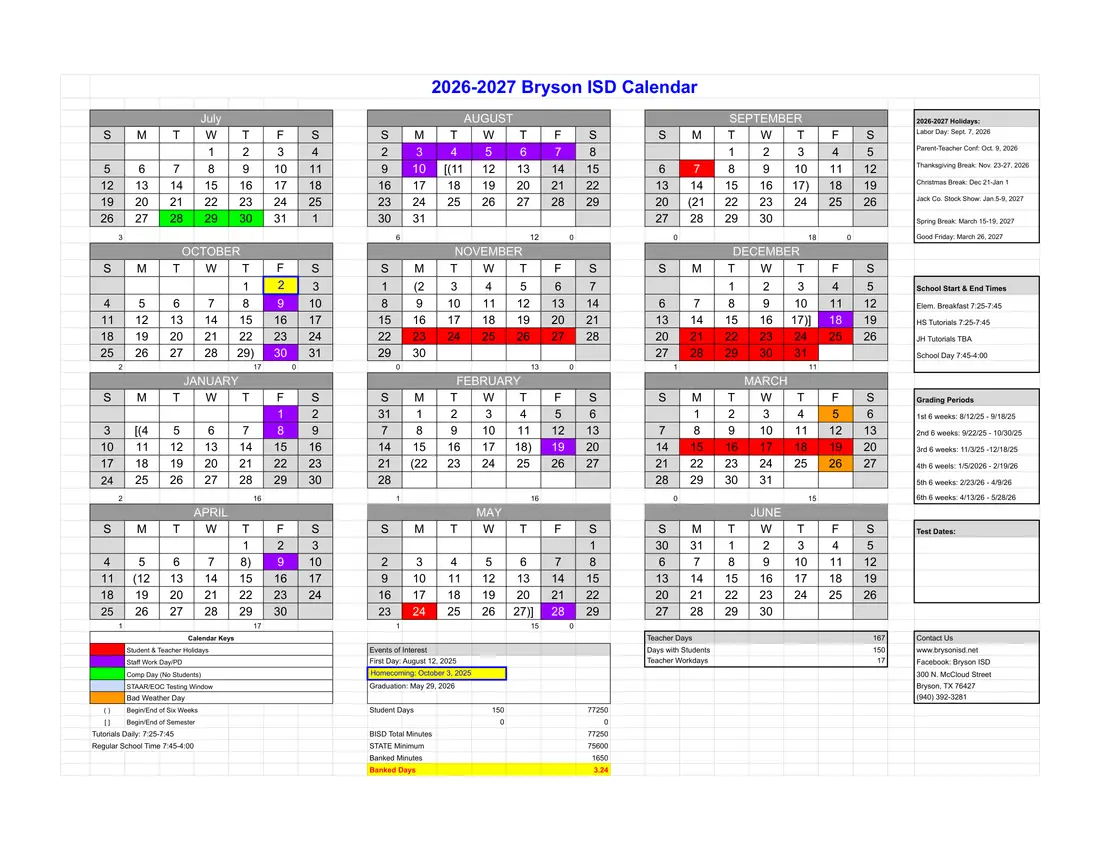Bryson ISD 2026–2027 academic calendar