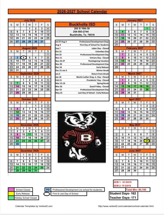 Buckholts ISD 2026–2027 academic calendar
