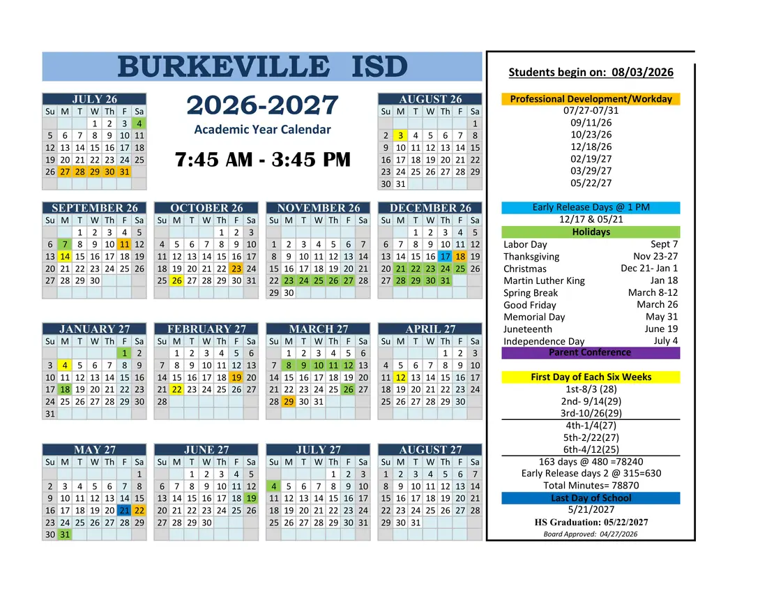 Burkeville ISD 2026–2027 academic calendar