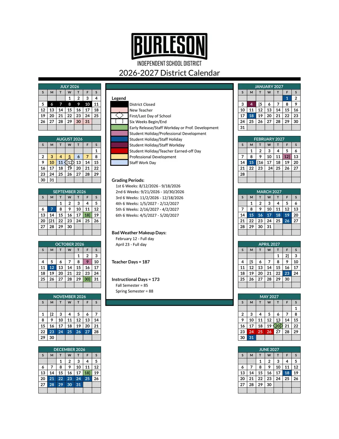 Burleson ISD 2026–2027 academic calendar