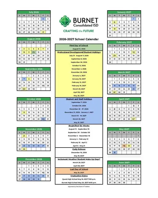 Burnet CISD 2026–2027 academic calendar
