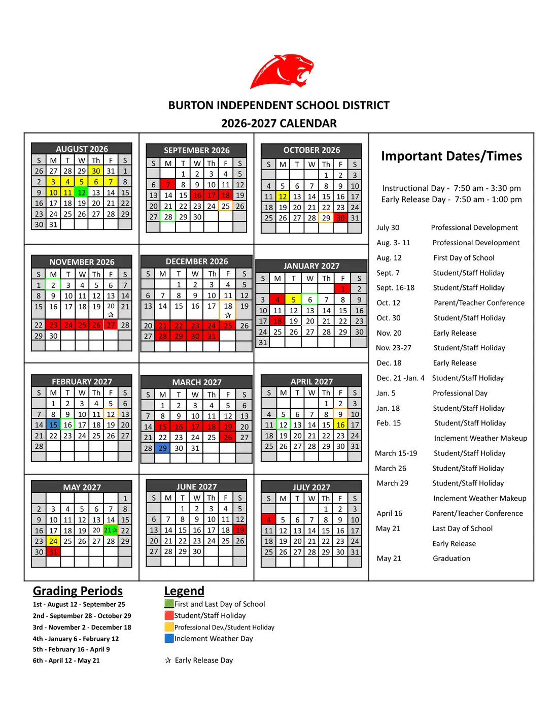 Burton ISD 2026–2027 academic calendar