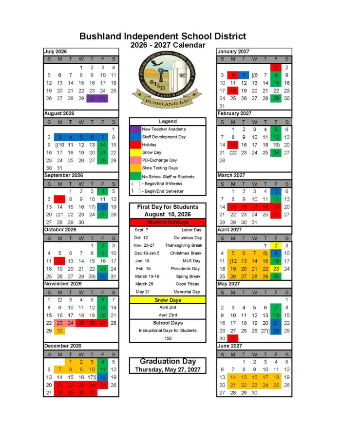 Bushland ISD 2026–2027 academic calendar