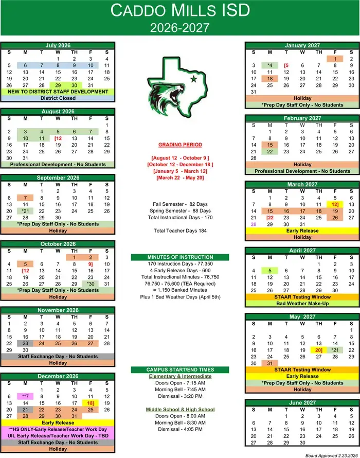 Caddo Mills ISD 2026–2027 academic calendar