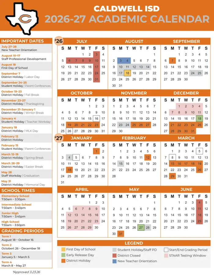 Caldwell ISD 2026–2027 academic calendar