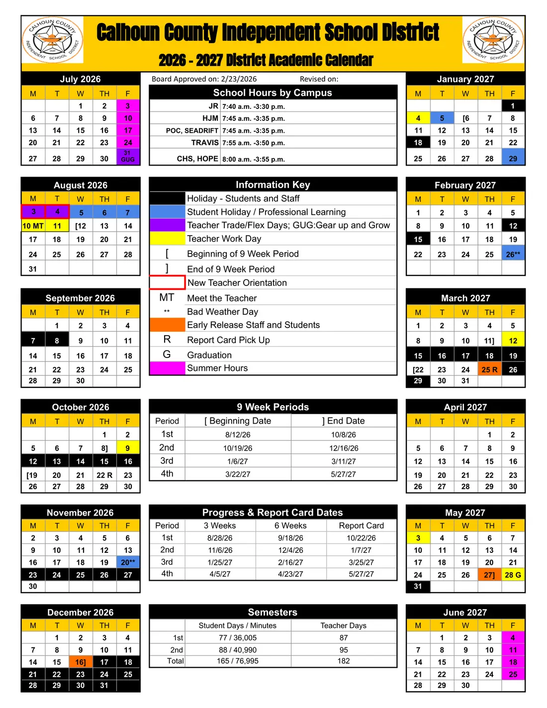 Calhoun County ISD 2026–2027 academic calendar