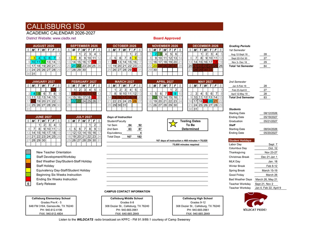 Callisburg ISD 2026–2027 academic calendar