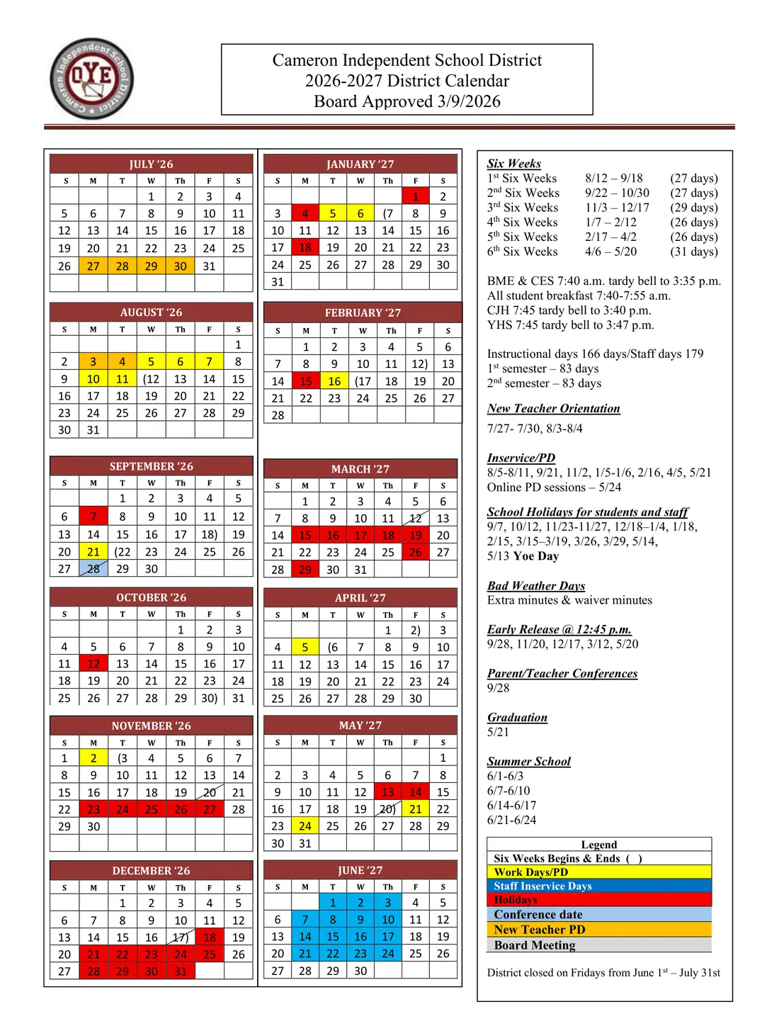 Cameron ISD 2026–2027 academic calendar