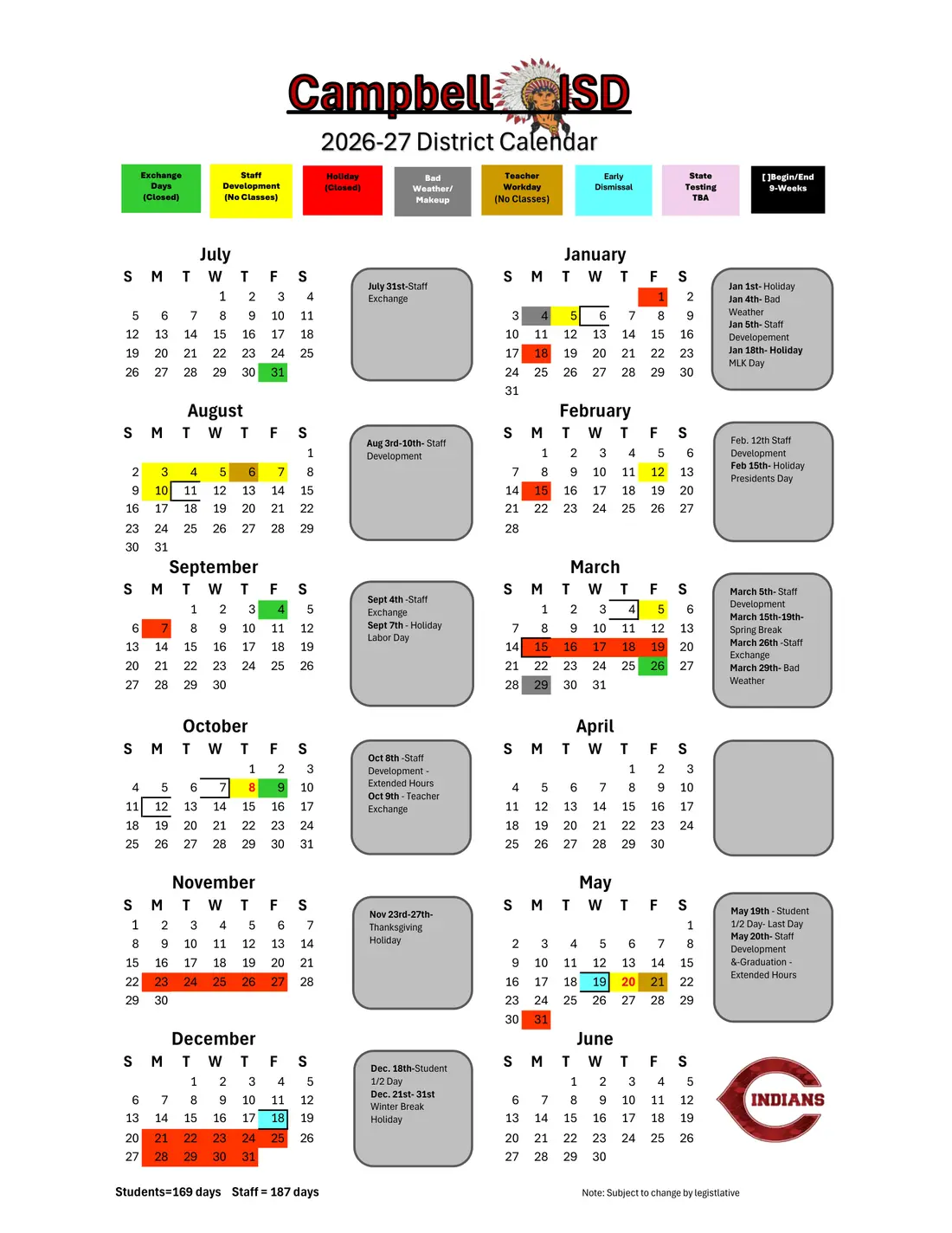 Campbell ISD 2026–2027 academic calendar