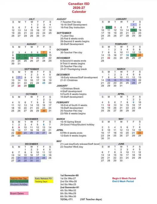 Canadian ISD 2026–2027 academic calendar