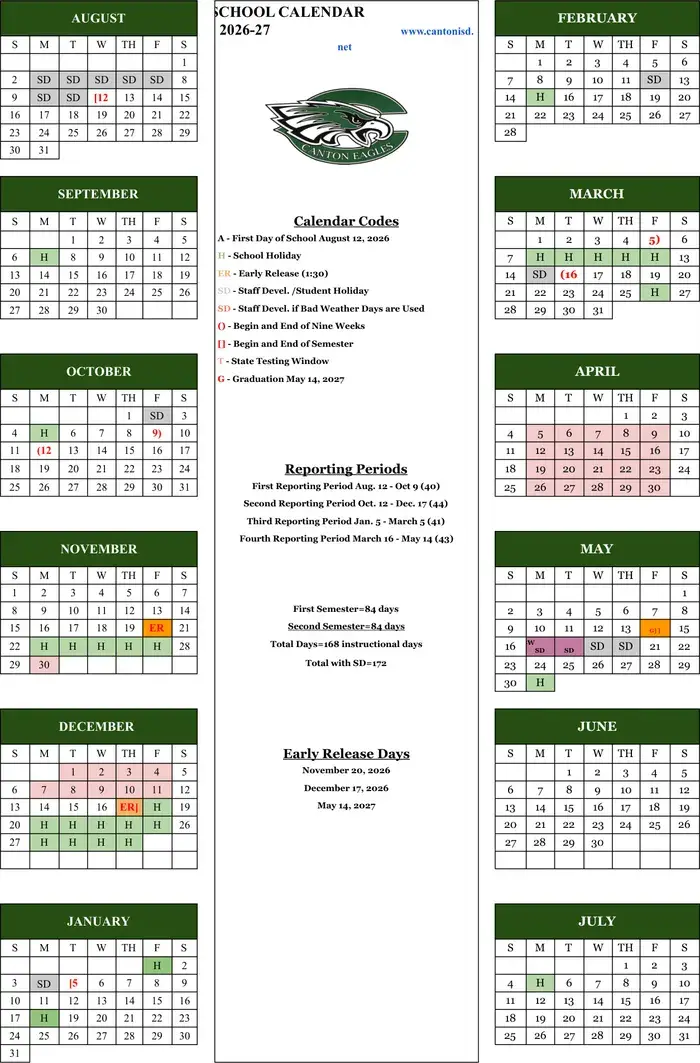Canton ISD 2026–2027 academic calendar