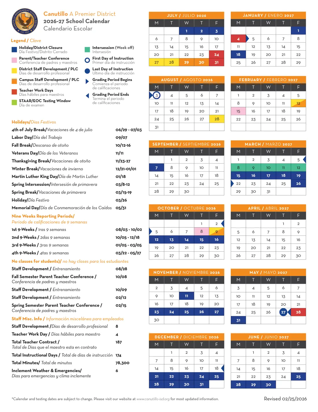 Canutillo ISD 2026–2027 academic calendar