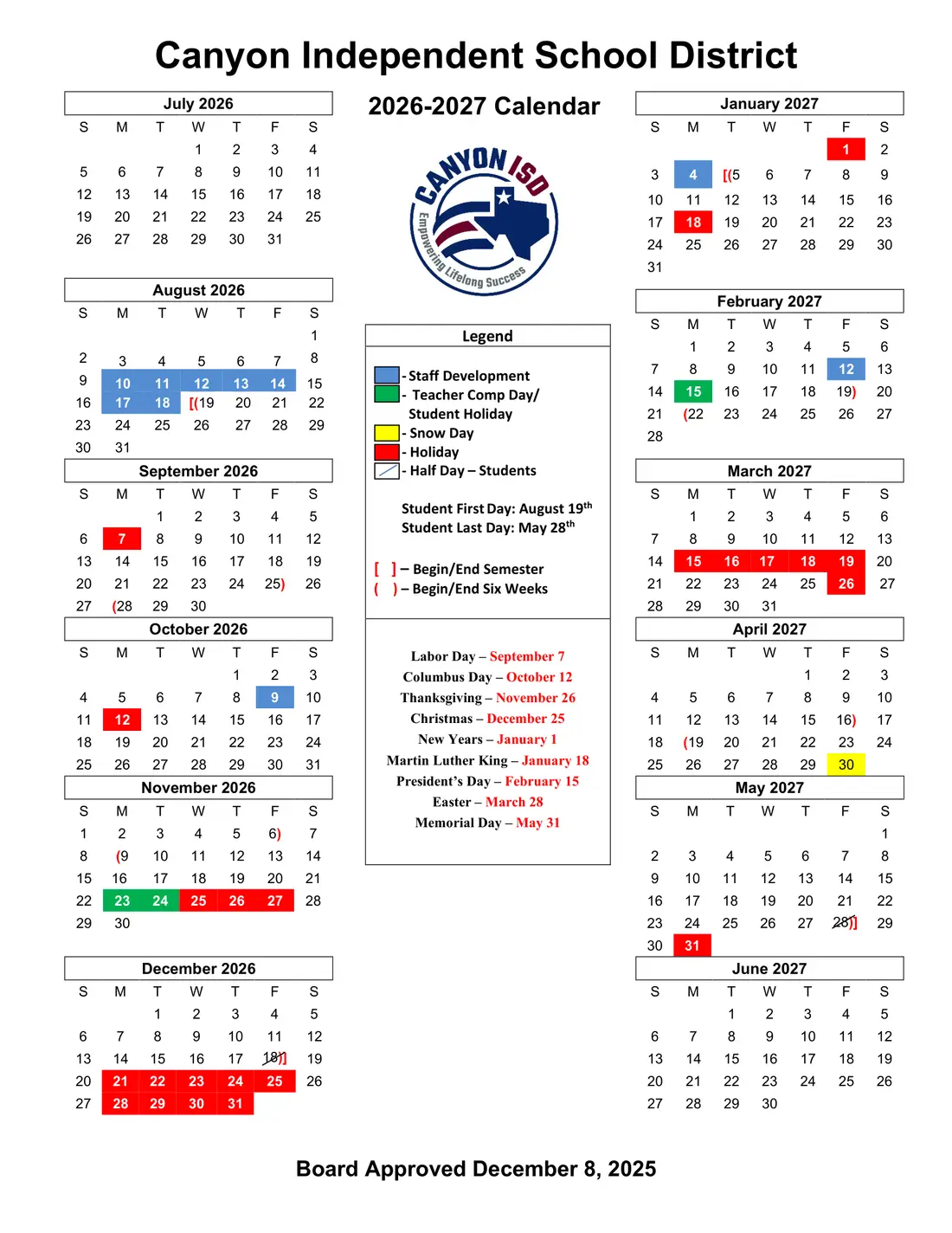 Canyon ISD 2026–2027 academic calendar