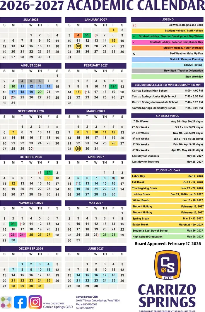 Carrizo Springs CISD 2026–2027 academic calendar