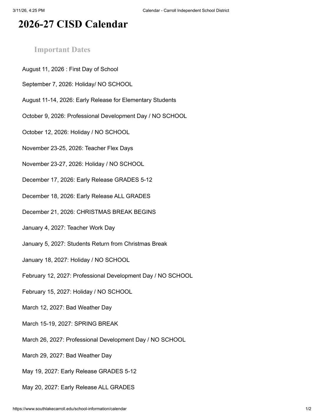 Carroll ISD 2026–2027 academic calendar