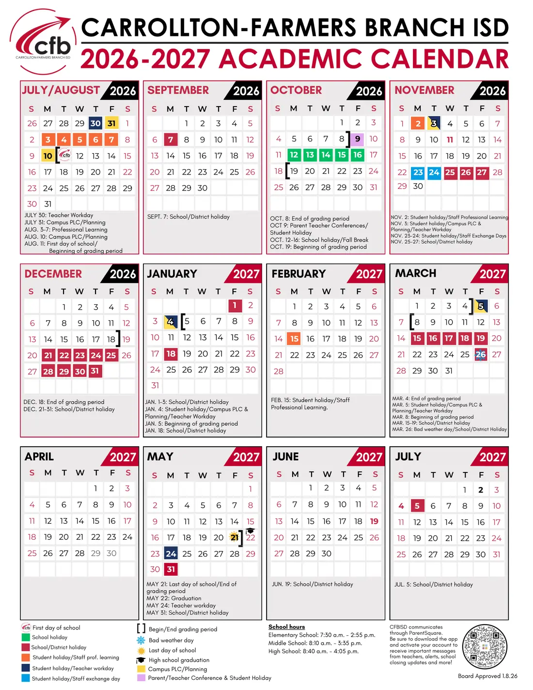 Carrollton-farmers Branch ISD 2026–2027 academic calendar